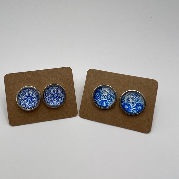 Classic Silver & Blue Stud Earrings - Stylish Blue Trendy Small Earrings - Picture 8 of 13